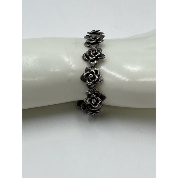 Sterling Silver Marked 925 Rose Flower Linked Feminine Oxidized bracelet 22 Gr - Picture 6 of 14
